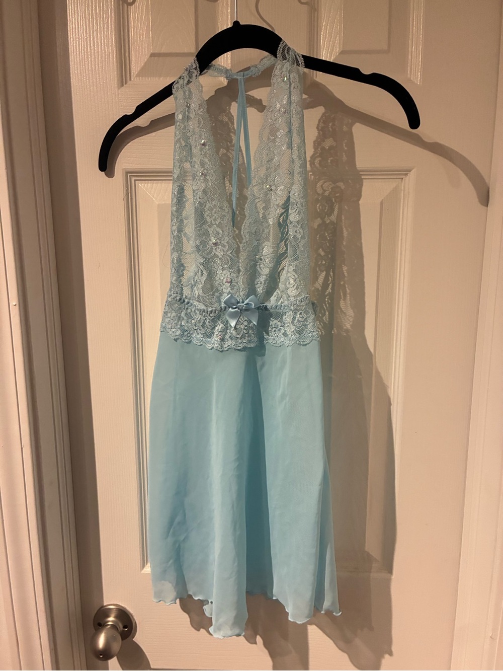 Frederick's of Hollywood Light Blue Lace Halter Babydoll Chemise